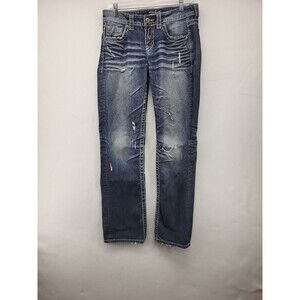 SILVER WOMENS JEANS 28/31 DENIM DISTRESSED PANTS LOLA 17" STRAIGHT EMBROIDERED